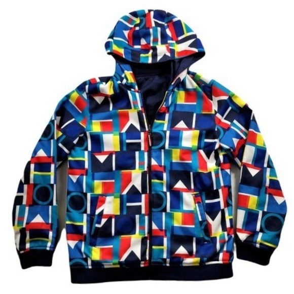 Tommy Hilfiger Other - Tommy Hilfiger Reversible Varsity Jacket Mens Small Hooded Navy Blue RARE PRINT